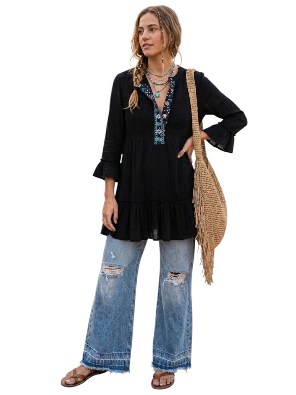 Free People Boho Cotton Embroidered Ruffle Tunic Top Mini Dress Snaps Buttons M